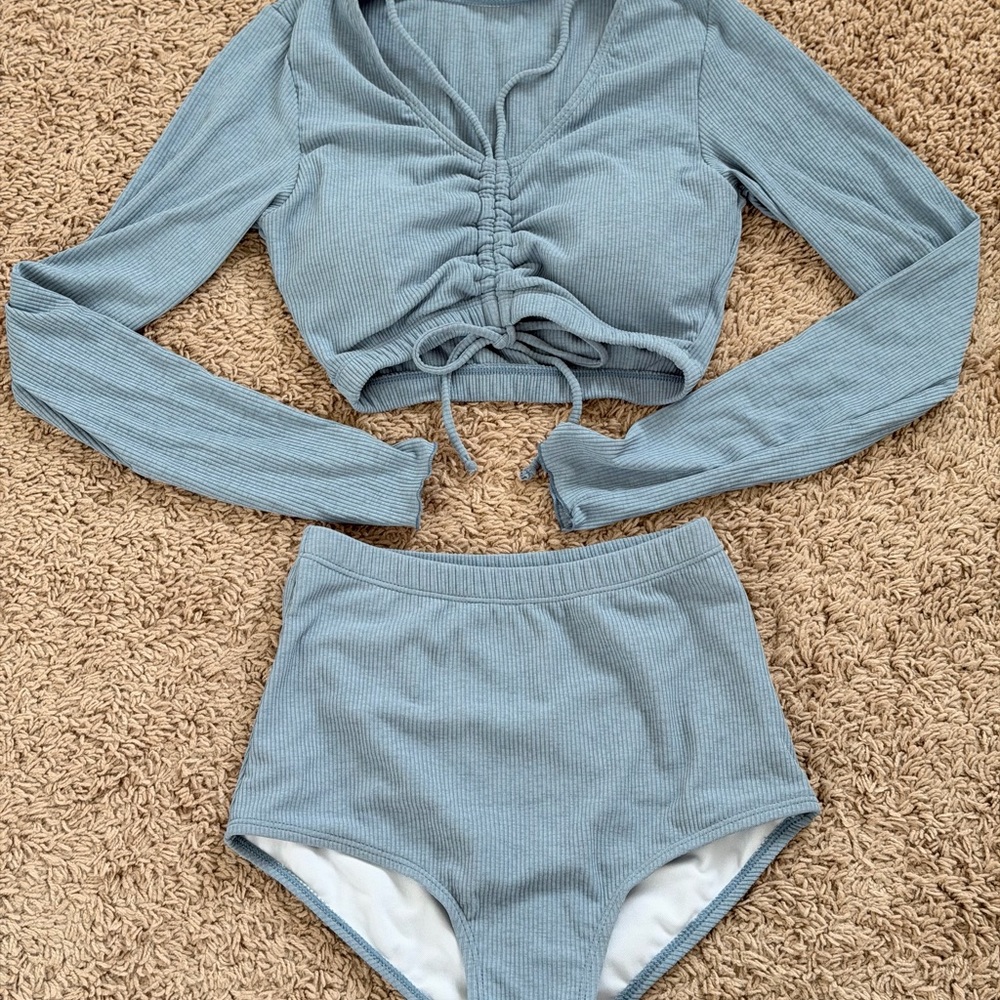 Blue Ruched Long Sleeve Crop Top and High Waist Shorts Swim Set